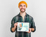 Free Man With Winter Hat Holding A Tablet With Business Landing Page Psd