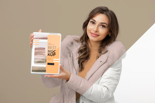 Free Medium Shot Woman Holding Tablet Mockup Psd
