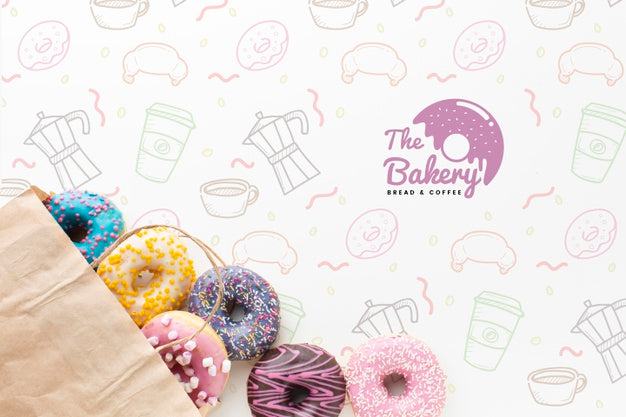 Free Mix Of Colorful Donuts In Paper Bag With Mock-Up Psd