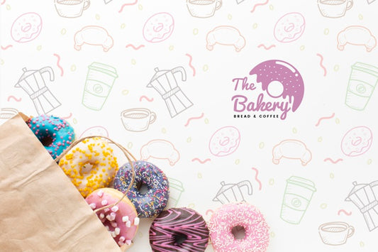 Free Mix Of Colorful Donuts In Paper Bag With Mock-Up Psd