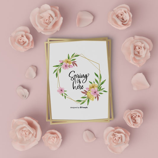 Free Mock-Up Floral Frame With Hello Spring Card Psd