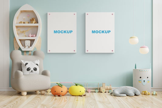 Free Mock Up Poster Frame In Children Room,Kids Room,Nursery Mockup,Blue Wall,3D Rendering Psd