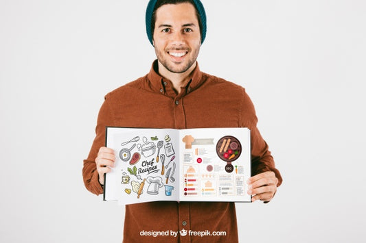 Free Mock Up With Happy Man And Open Book Psd