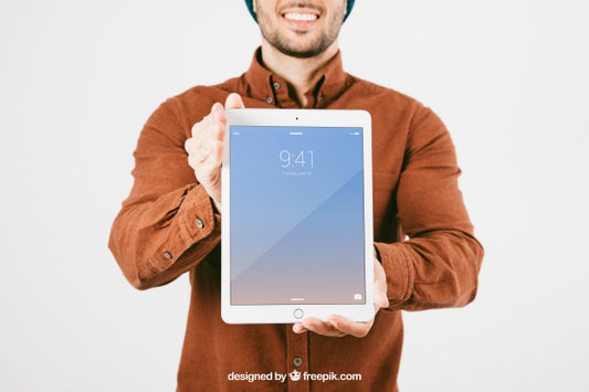 Free Mock Up With Smiley Man And Tablet Psd