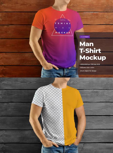 Free Mockup Male T-Shirts Design On Wooden Wall Psd