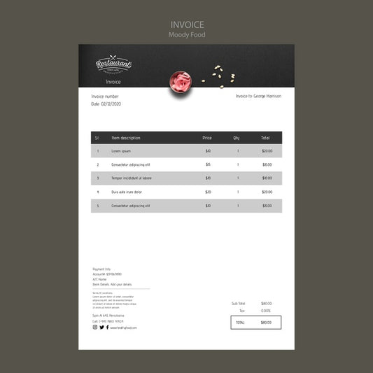 Free Moody Food Restaurant Invoice Concept Mock-Up Psd