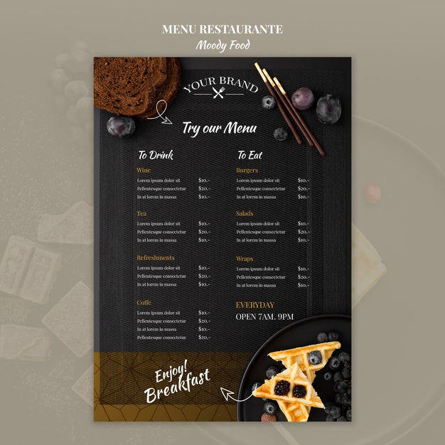 Free Moody Food Restaurant Menu Concept Mock-Up Psd