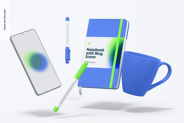 Free Notebook With Mug Mockup, Floating Psd