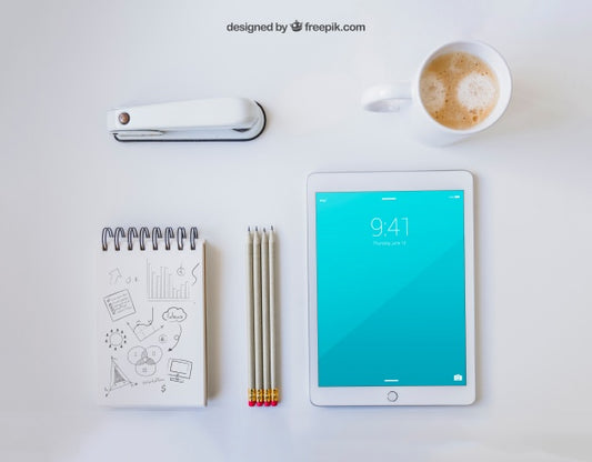 Free Office Materials With Coffee Mug And Tablet Psd