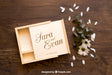 Free Open Wooden Box Mockup And Flowers Psd