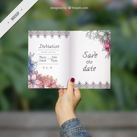 Free Ornamental Wedding Invitation Mockup With Watercolor Flowers Psd