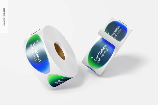 Free Oval Stickers Rolls Mockup, Falling Psd
