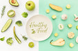 Free Plate Surrounded By Veggies And Fruit Flat Lay Psd