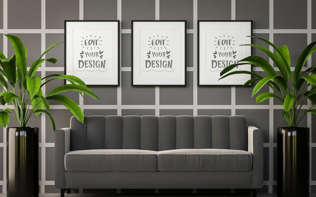 Free Poster Frame In Living Room Mockup Psd