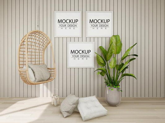 Free Poster Frame Mockup On The Wall With Plant Psd