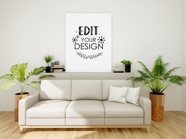 Free Poster Frame Mockup On The Wall With Plant Psd