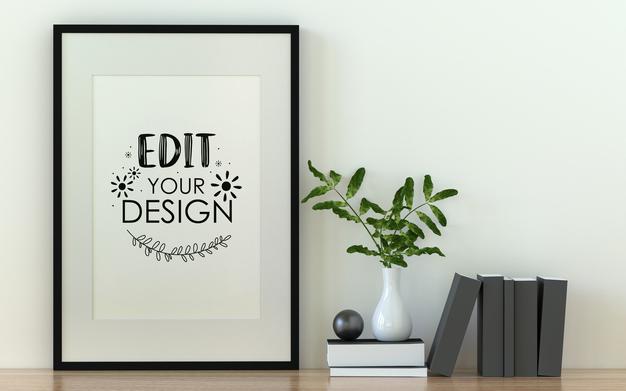 Free Poster Frame Mockup On The Wall With Plant Psd