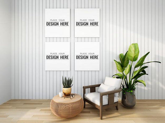 Free Poster Frame Mockup On The Wall With Plant Psd