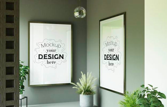Free Poster Frame Mockup On The Wall With Plant Psd