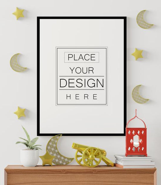 Free Poster Frame Mockup With Interior Ramadan Decoration Living Room Psd
