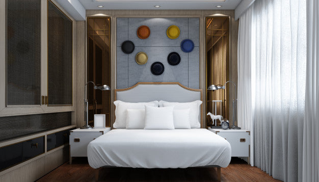 Free Realistic Bright Modern Double Bedroom With Furniture Psd