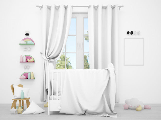 Free Realistic White Baby Bedroom With A Window And A Cradle Psd