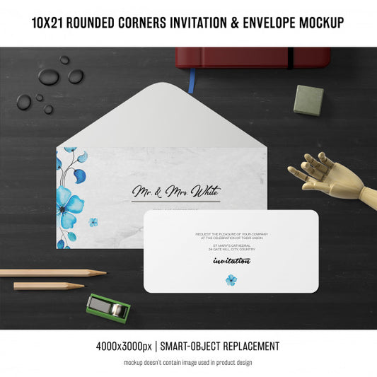 Free Rounded Corners Invitation And Envelope Mockup Psd