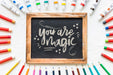 Free Slate Mockup With Paint Materials Psd