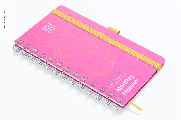 Free Slim Monthly Planner Mockup, Perspective View Psd