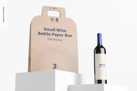 Free Small Wine Bottle Paper Box Mockup, Low Angle View Psd