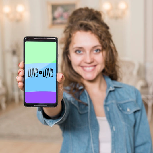 Free Smiling Girl Presenting Smartphone Mockup Psd