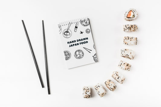 Free Spiral Notepad Mockup With Japanese Food Mockup Psd