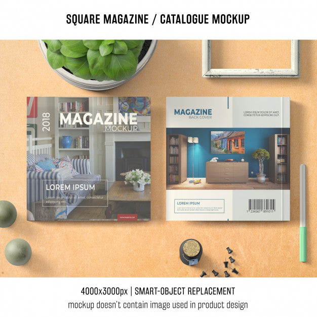 Free Square Magazine Or Catalogue Mockup With Basil Psd