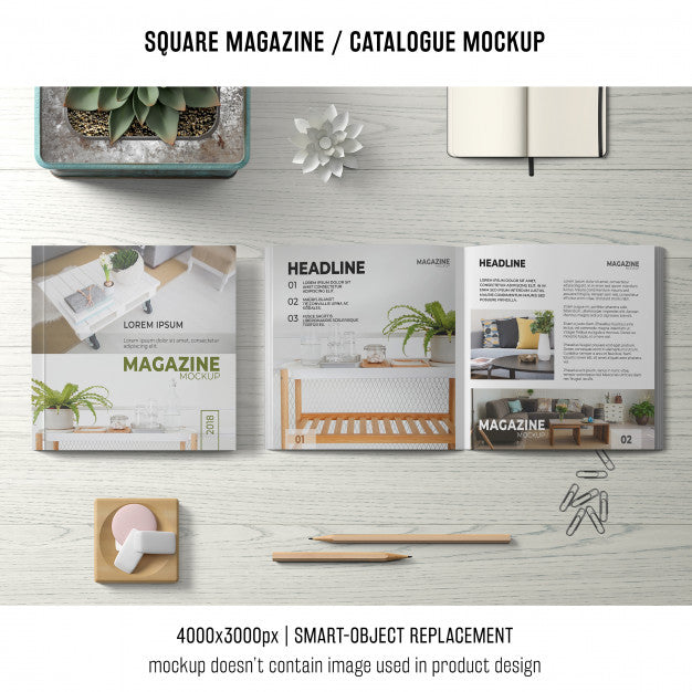 Free Square Magazine Or Catalogue Mockup With Still Life From Above Psd