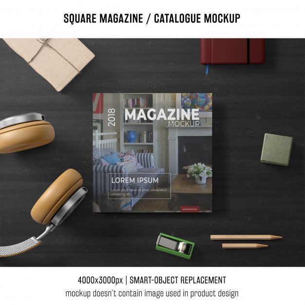 Free Square Magazine Or Catalogue Mockup With Still Life Psd