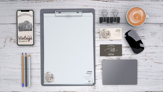 Free Stationery Mockup With Photography Concept And Clipboard Psd