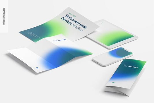 Free Stationery With Devices Mockup, Perspective View Psd