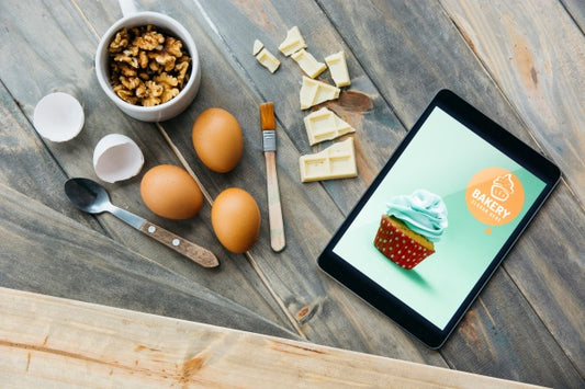 Free Tablet Mockup With Kitchen Concept Psd