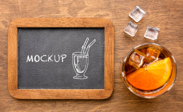 Free Top View Alcoholic Drinks With Blackboard Mock-Up Psd