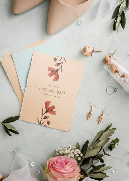 Free Top View Arrangement Of Wedding Elements With Card Mock-Up Psd