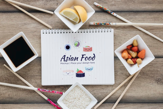 Free Top View Asian Food Concept With Soy Sauce Psd