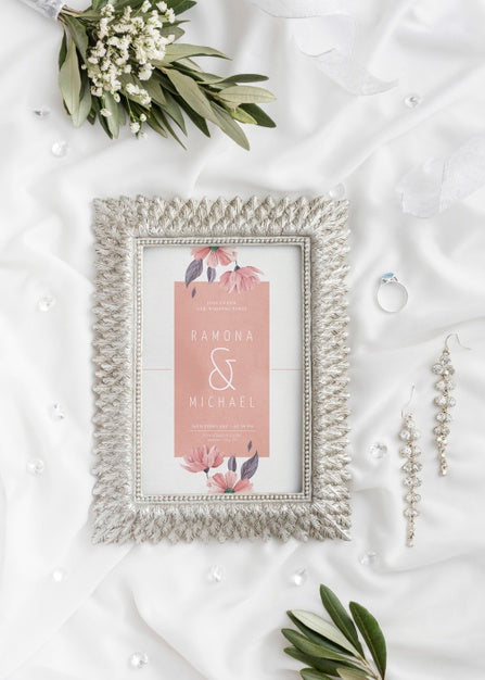 Free Top View Assortment Of Wedding Elements With Frame Mock-Up Psd