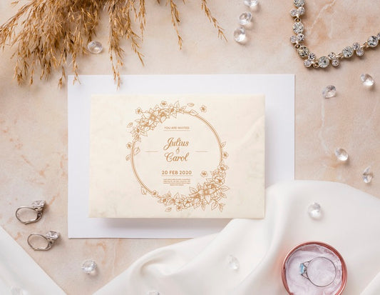 Free Top View Beautiful Arrangement Of Wedding Elements With Invitation Mock-Up Psd