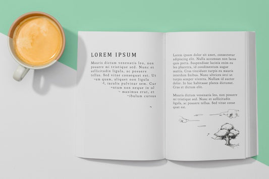 Free Top View Book Mock-Up With Coffee Psd