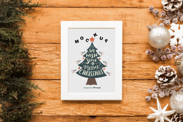 Free Top View Christmas Composition With Frame Mockup Psd
