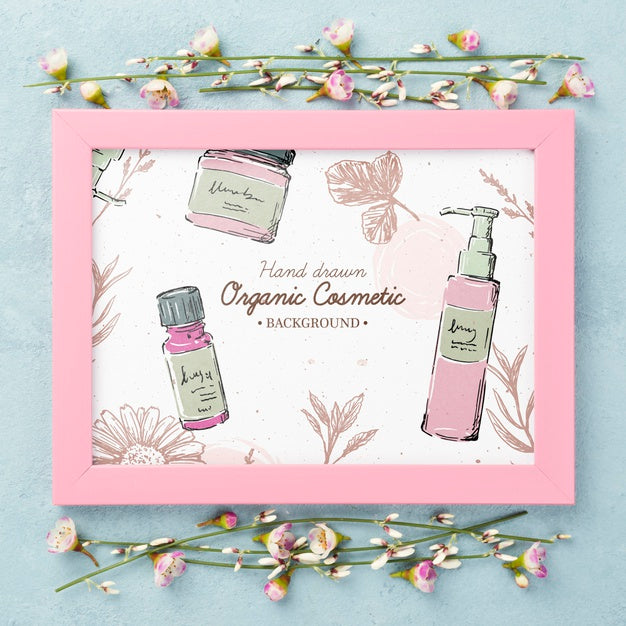 Free Top View Cosmetics Mockup With Flowers Psd