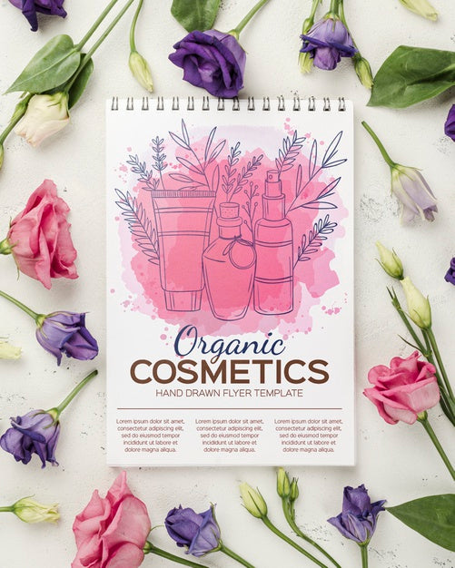 Free Top View Cosmetics Mockup With Flowers Psd