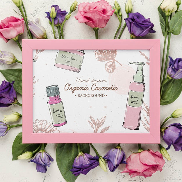 Free Top View Cosmetics Mockup With Flowers Psd