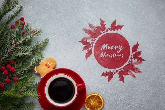 Free Top View Cup Of Coffee With Watercolour Merry Christmas Design Psd