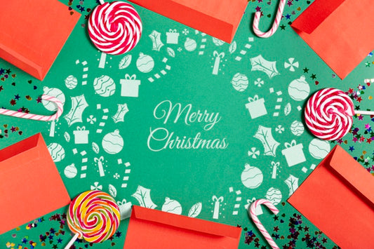 Free Top View Envelope Frame And Sugar Lollipops Psd